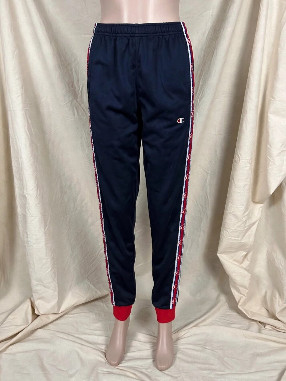 Champion Logo Tape Track Pants Men's XL Navy Joggers Red Cuffs